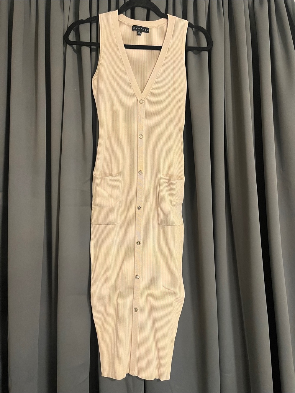 JLUXLABEL Cream Ribbed Button-Front Midi Dress